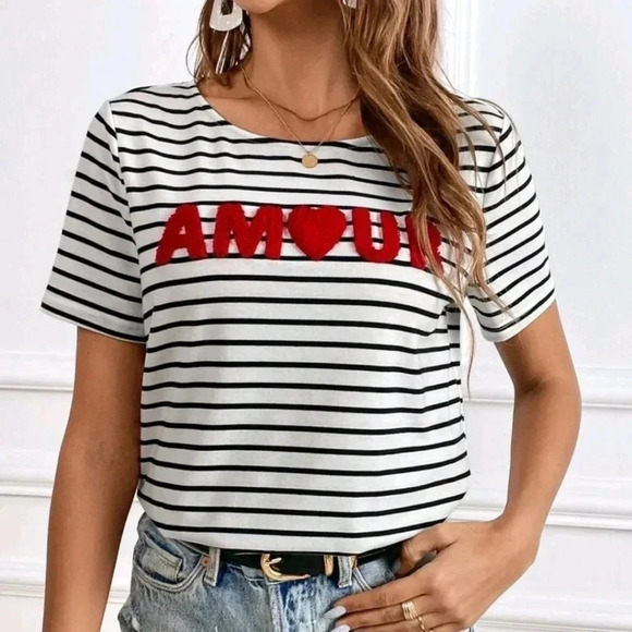Striped & Letter Graphic Tee, Casual Style, Effortless Chic - Picture 5 of 5